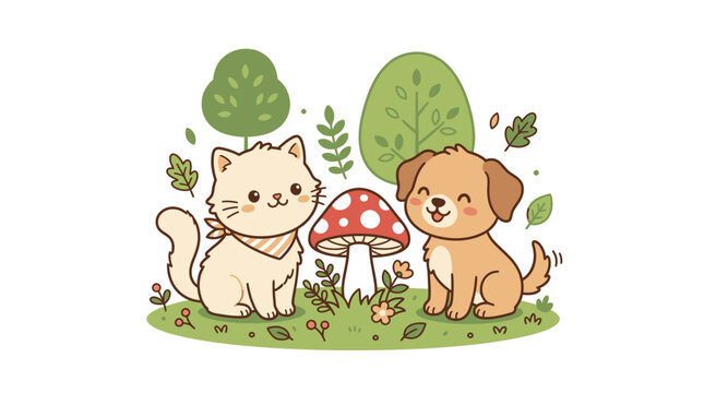 Cute Cartoon Cat and Dog Friends.