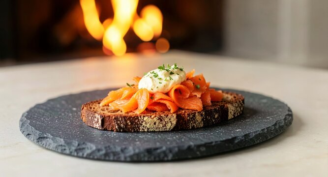 Gourmet smoked salmon toast with cream cheese on slate plate by cozy fireplace.

