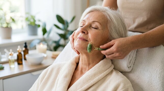 Elderly woman enjoying a relaxing facial massage with a jade roller in a spa setting
