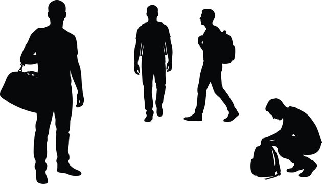 Collection of men black silhouettes with bags standing walking and squatting packing backpack isolated on white background