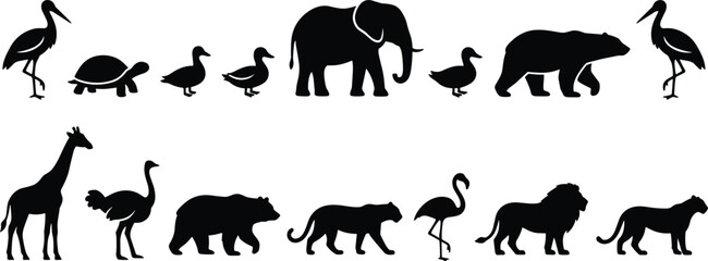 Fototapeta premium Collection of wild animals black silhouettes set including elephant lion giraffe bear and birds isolated on white background