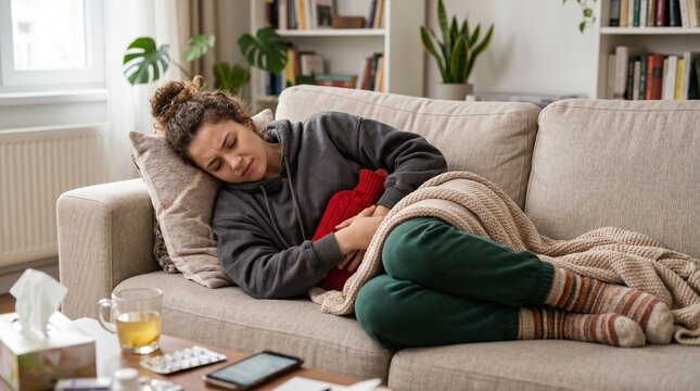 Young woman suffering from stomach pain lying on sofa with hot water bottle and blanket