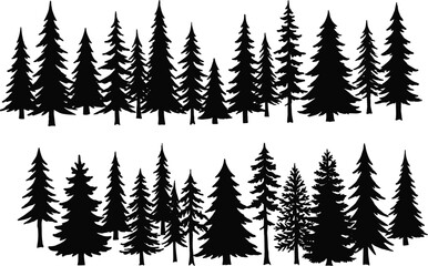 Pine forest trees black silhouettes set horizontal panaroma border lines isolated on white background © MDMizanur