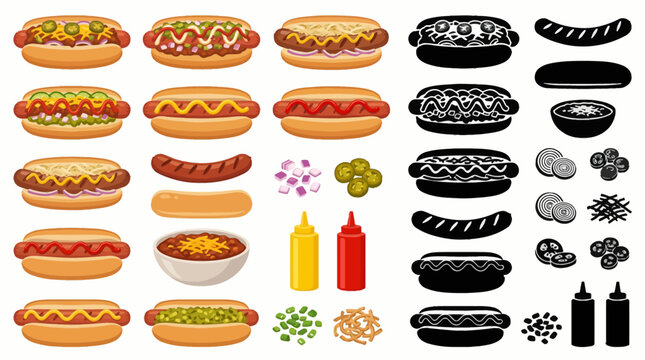 Professional vector collection of classic hot dogs in multiple variations, grilled sausage, soft bun, mustard, ketchup, relish, layered ingredients