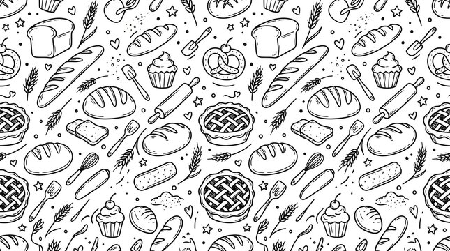 The illustration showcases various baked goods and utensils in a kitchen.