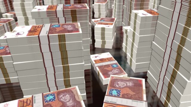 North Macedonia denars money notes packs loop. 3D flight over 1000 MKD banknotes stacks towers. Loopable seamless abstract background concept of business, economy crisis and finance.