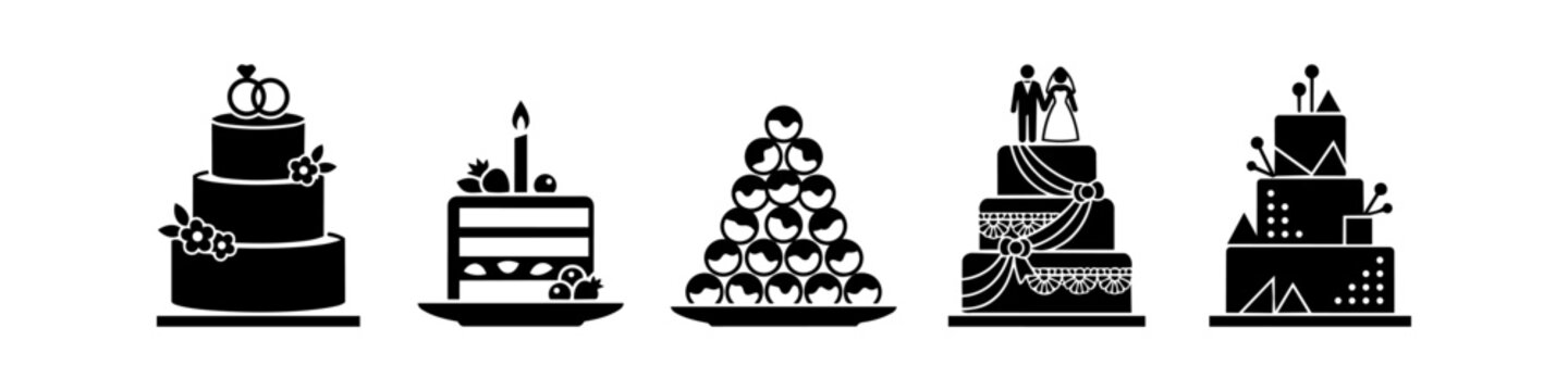 Set of minimalist black wedding and celebration cake icons. Includes tiered cakes with toppers, a birthday cake with a candle, and a croquembouche dessert tower.