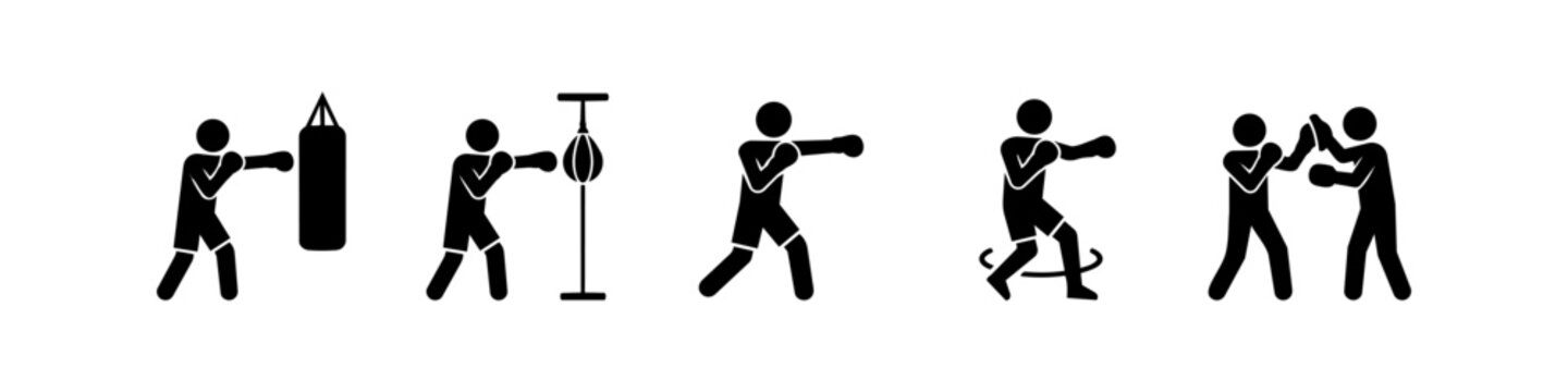 Set of black stick figure icons showing boxing training methods, including heavy bag, speed bag, shadow boxing, and mitt work. Minimalist vector illustration for sports and fitness themes.