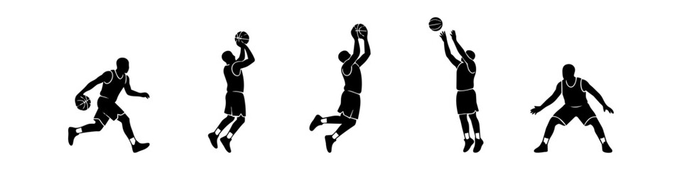 Set of five black silhouettes of basketball players in various action poses like dribbling, shooting, jumping, and defending. Minimalist vector illustration for sports and fitness designs. © Nort Kor