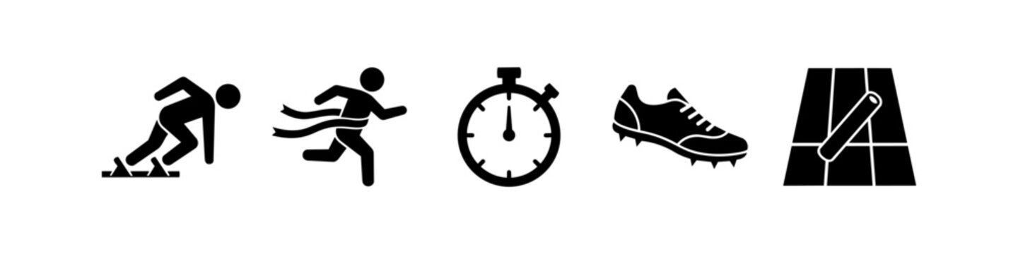 Black and white icons for track and field athletics featuring a starting runner, finish line, stopwatch, track shoe, and relay baton. Perfect for sports competition and racing graphics.