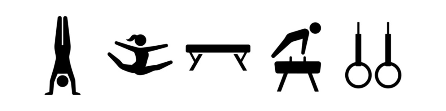 A set of minimalist black gymnastics icons featuring silhouetted athletes on the balance beam, pommel horse, and rings, plus a handstand and split leap. Perfect for sport and fitness branding.