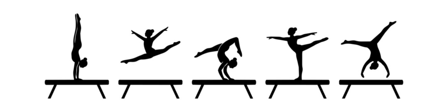 Set of black female gymnast silhouettes performing various artistic gymnastics moves on a balance beam. Vector icons isolated on a white background depicting athletic grace and strength.