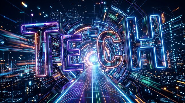 Futuristic neon tech word in digital data tunnel.