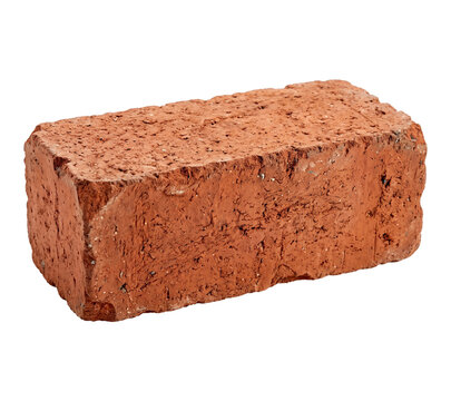 Single red clay brick isolated on white background with rough texture
