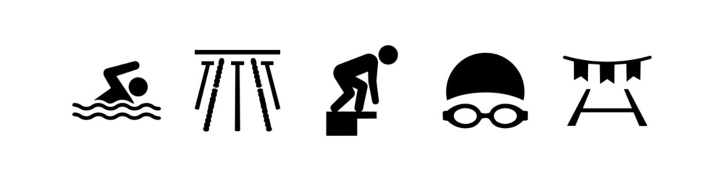 Set of black swimming icons including a swimmer, pool lanes, starting block, goggles with cap, and backstroke flags. Isolated on a white background for sports and competition concepts.