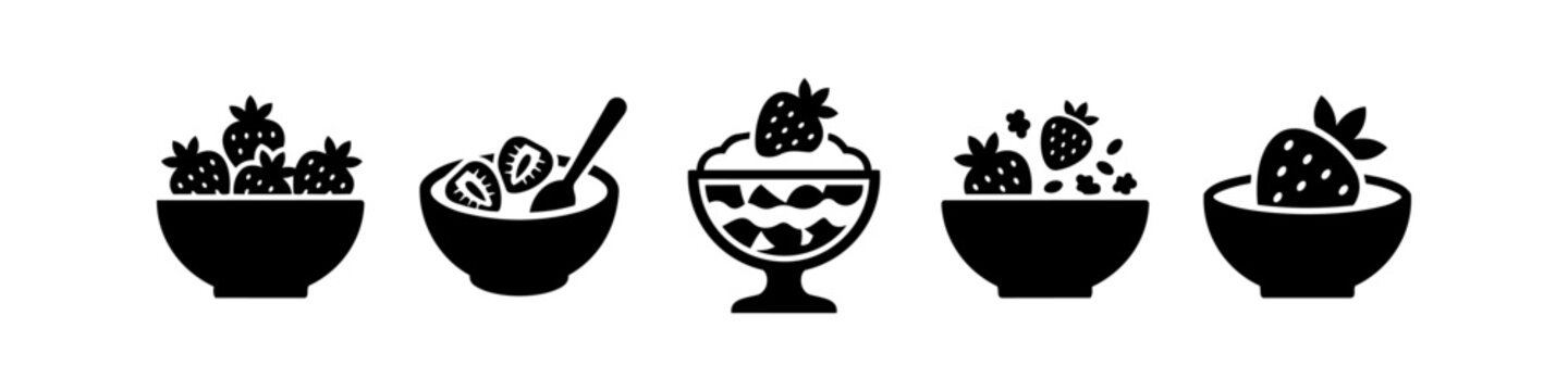 A set of minimalist black silhouette icons featuring strawberry bowls, cereal, yogurt, and parfait desserts. Ideal for healthy breakfast, snack, and fruit-themed graphic design projects.