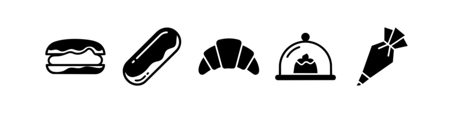 Minimalist black icons set of bakery items including a croissant, eclair, pastry bag, and dessert under a cloche. Perfect for bakery logos, menus, and culinary web design.