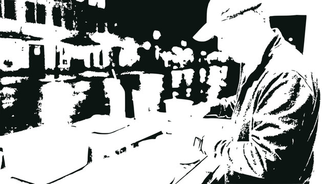 Man in cap and jacket at night, urban cityscape background, high contrast black and white.