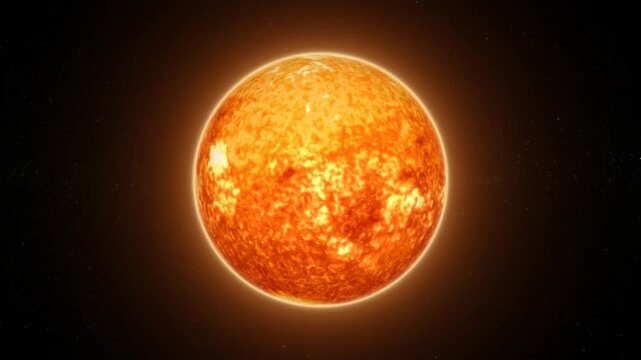 Realistic glowing sun star with fiery corona rotating in deep space on black background cinematic
