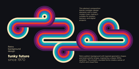 Fototapeta na wymiar Retro abstract background with colorful striped curves and circular shapes, inspired by classic 1970s design and modern geometric aesthetics.