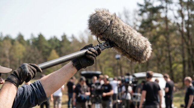Sound operator holding a long carbon fiber boom pole with a furry microphone over a film production set