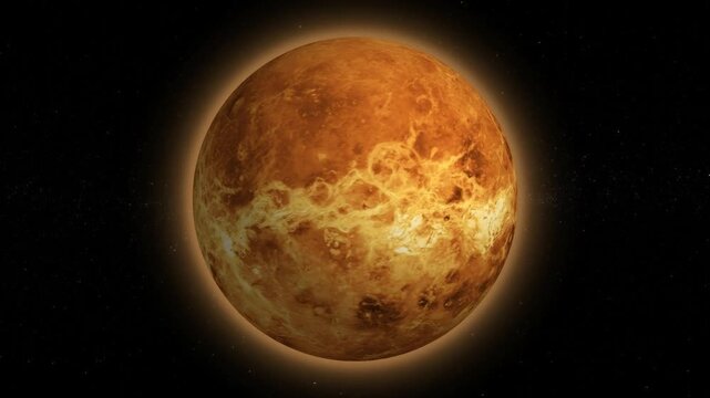 Realistic planet Venus with glowing atmosphere rotating in deep space on black starry background