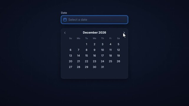 Animated date picker interface with calendar dropdown and day selection for scheduling and booking