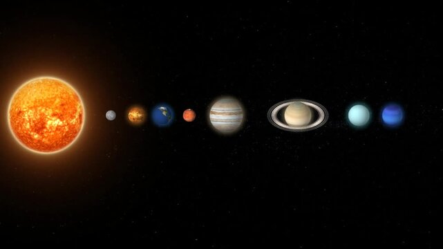 Solar system with sun and all eight planets in a row rotating in deep space on black background