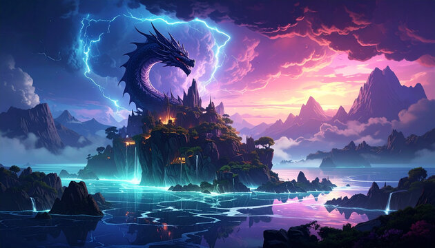 Dragon fantastique avec des &eacute;clairs et des montagnes