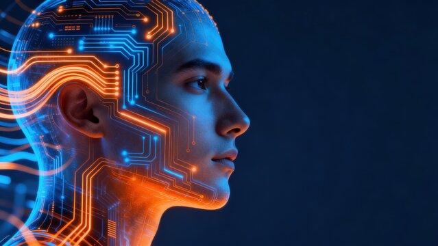 Human head with glowing circuit patterns