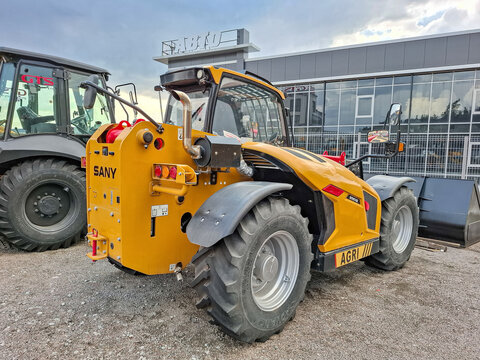 Voronezh, Russia - April 1, 2026.Modern SANY telescopic handler parked at a dealership in Russia showing the rise of Chinese construction equipment brands