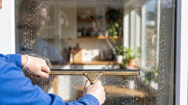 Window cleaner wearing a blue uniform using a brass squeegee to clear soapy water from a glass pane