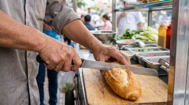 Street food vendor slicing a fresh crispy baguette with a serrated bread knife to make a sandwich