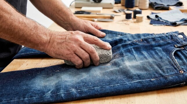 Artisan using a rough pumice stone to rub and distress the fabric of blue denim jeans on a wooden table