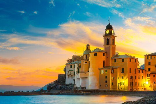 Scenic Mediterranean riviera coast. Panoramic view of Camogli town in Liguria, Italy
