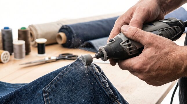 Craftsman using an electric rotary tool to sand and distress the pocket edge of blue denim jeans