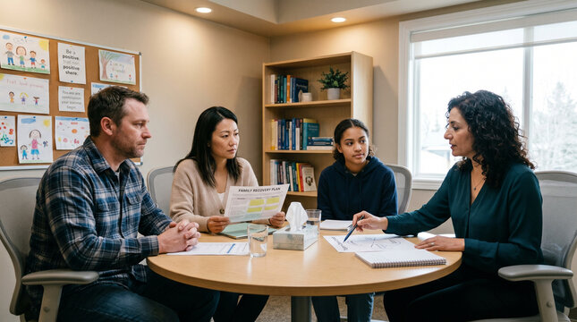 Family gathers around round table in therapy room