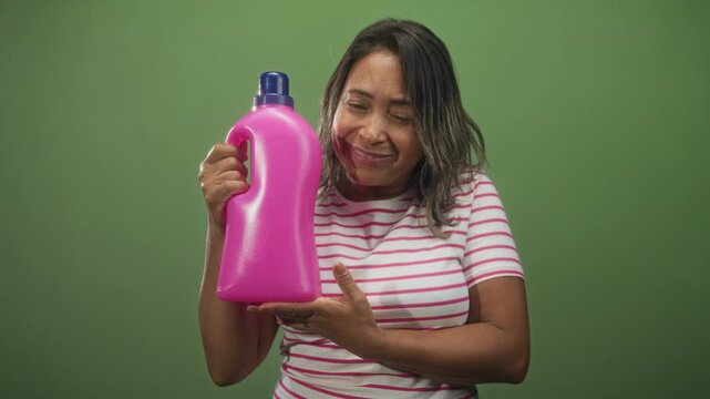 Woman holding a pink detergent bottle with hand presenting it and puckered lips in a studio; household care playful.