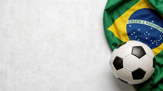 Brazil soccer match day still life with football ball and Brazilian flag arranged on a clean background with large copy space for sports marketing 