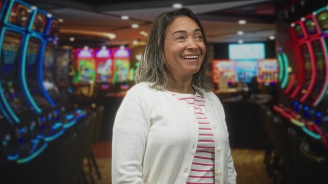 Middle aged woman smiling beside slot machines in casino building, wearing white cardigan and striped shirt and looking upward with joyful expression; joyful relaxation.