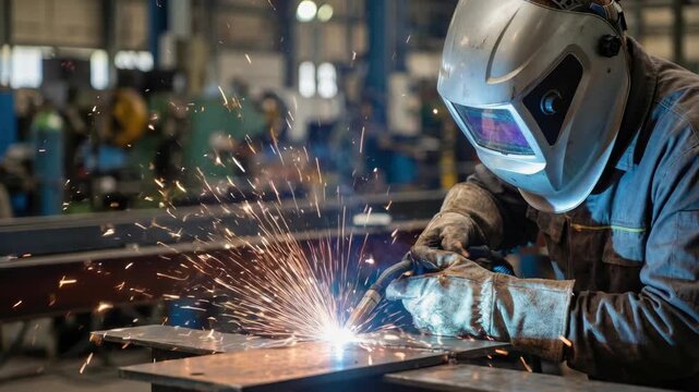 Professional welder working on steel metal fabrication inside factory, industrial worker in protective mask with flying sparks