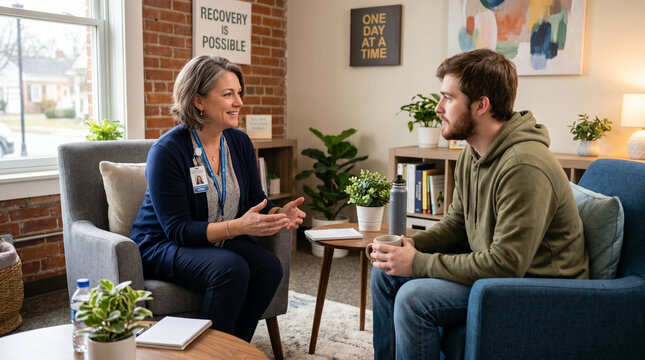 Two people sit comfortably in a cozy, well-lit room