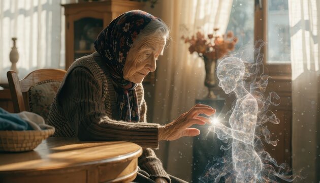Elderly woman reaching towards ethereal apparition in sunlit room, concept of memory and spirit