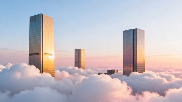 tall buildings in clouds at sunset