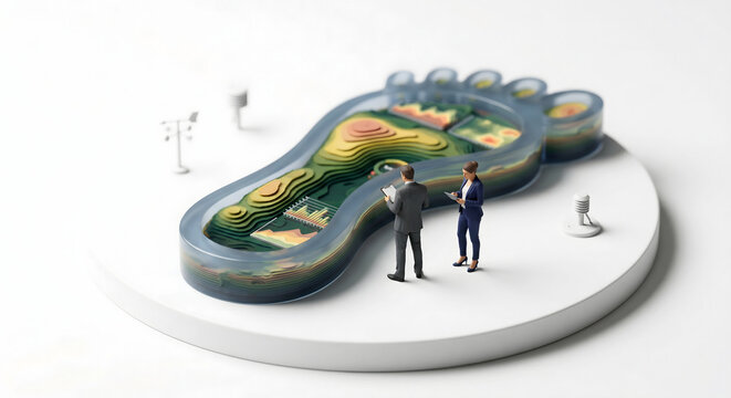 カーボンフットプリントの可視化と環境対策を話し合うビジネスパーソンのミニチュア3Dイラスト
