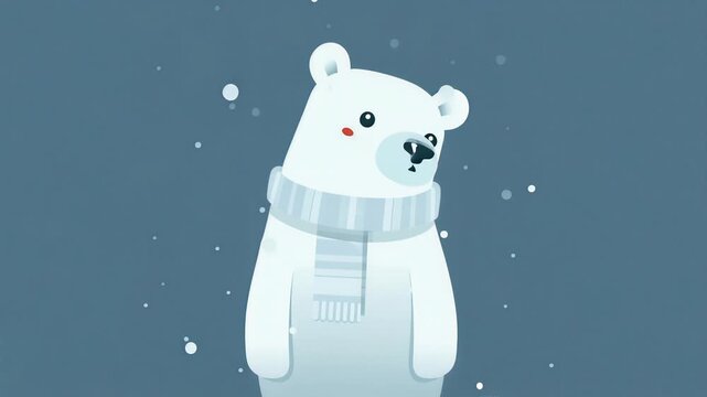 Cute Polar Bear Wearing a Scarf Standing on an Ice Floe in a Snowy Arctic Landscape.