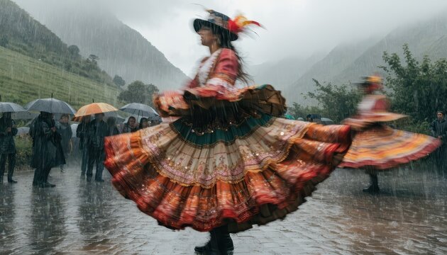 Vibrant Dancer in Traditional Attire Spins Amidst a Highland Festival Downpour