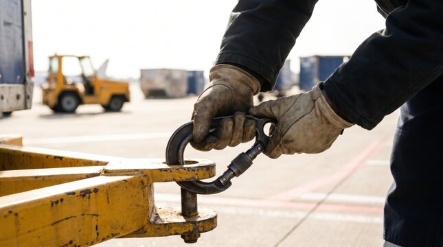 Ground crew worker wearing heavy duty gloves attaching a metal towing hook to airport equipment
