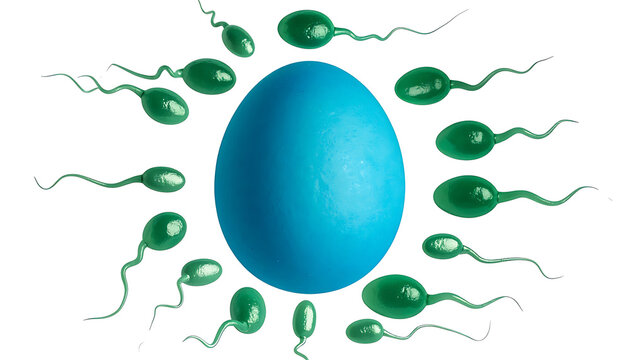 Fertilization concept, sperm cells surrounding a blue ovum on a white background, depicting conception and reproduction