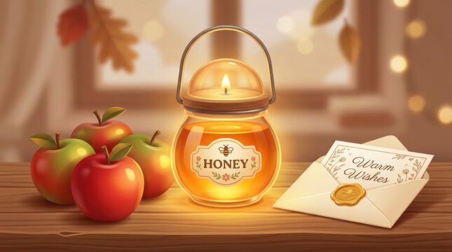 Rosh Hashanah greeting. Glowing honey jar candle with red apples and warm wishes envelope on wooden table against blurred autumn window